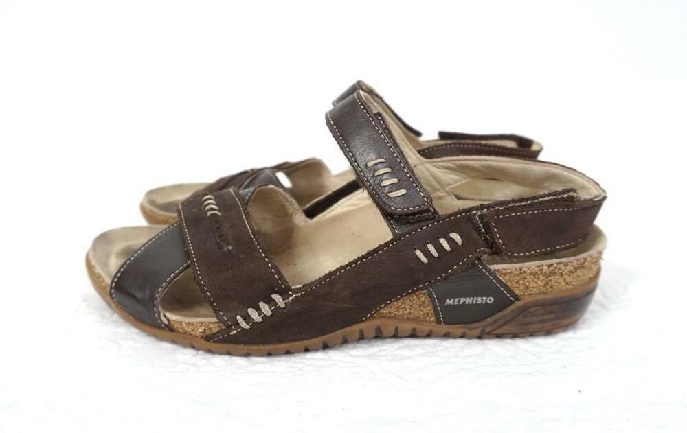 MEPHISTO 36 USED BROWN NUBUCK LEATHER CRISS CROSS/ANKLE STRAP SANDALS/WEDGES